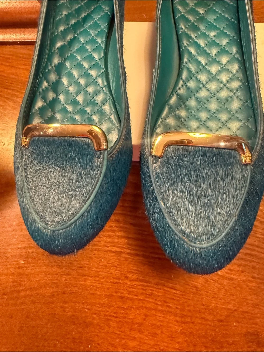 Tory Burch Teal Haircalf Leather Flats with Gold Bar Size 8